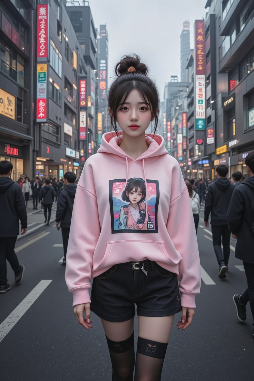 A cute and stylish Japanese idol,  upper body shot,  walking through a bustling urban street on her way to a photoshoot. S...