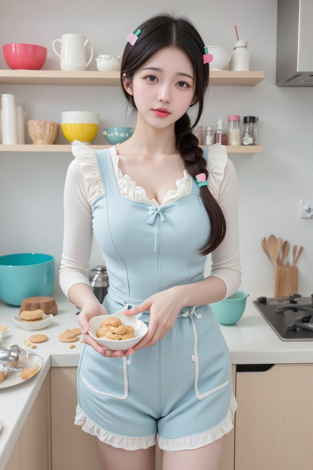 A charming Japanese woman with a voluptuous hourglass figure,  upper body shot,  baking cookies in her kitchen. She is dre...