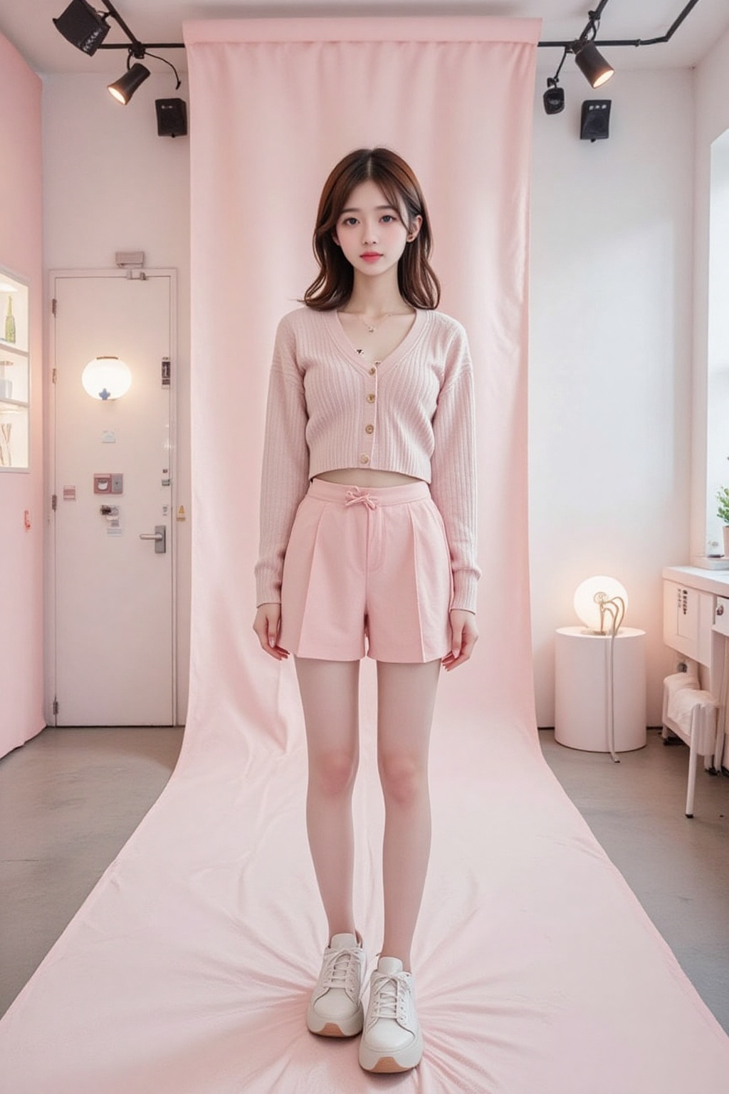 A stunning Japanese idol with a doll-like appearance,  upper body shot,  posing in a trendy photoshoot studio. She is dres...