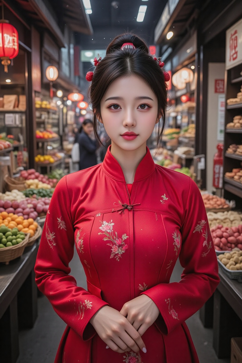 A beautiful and curvy Korean woman with a large bust,  upper body shot,  standing in a traditional market. She is dressed...