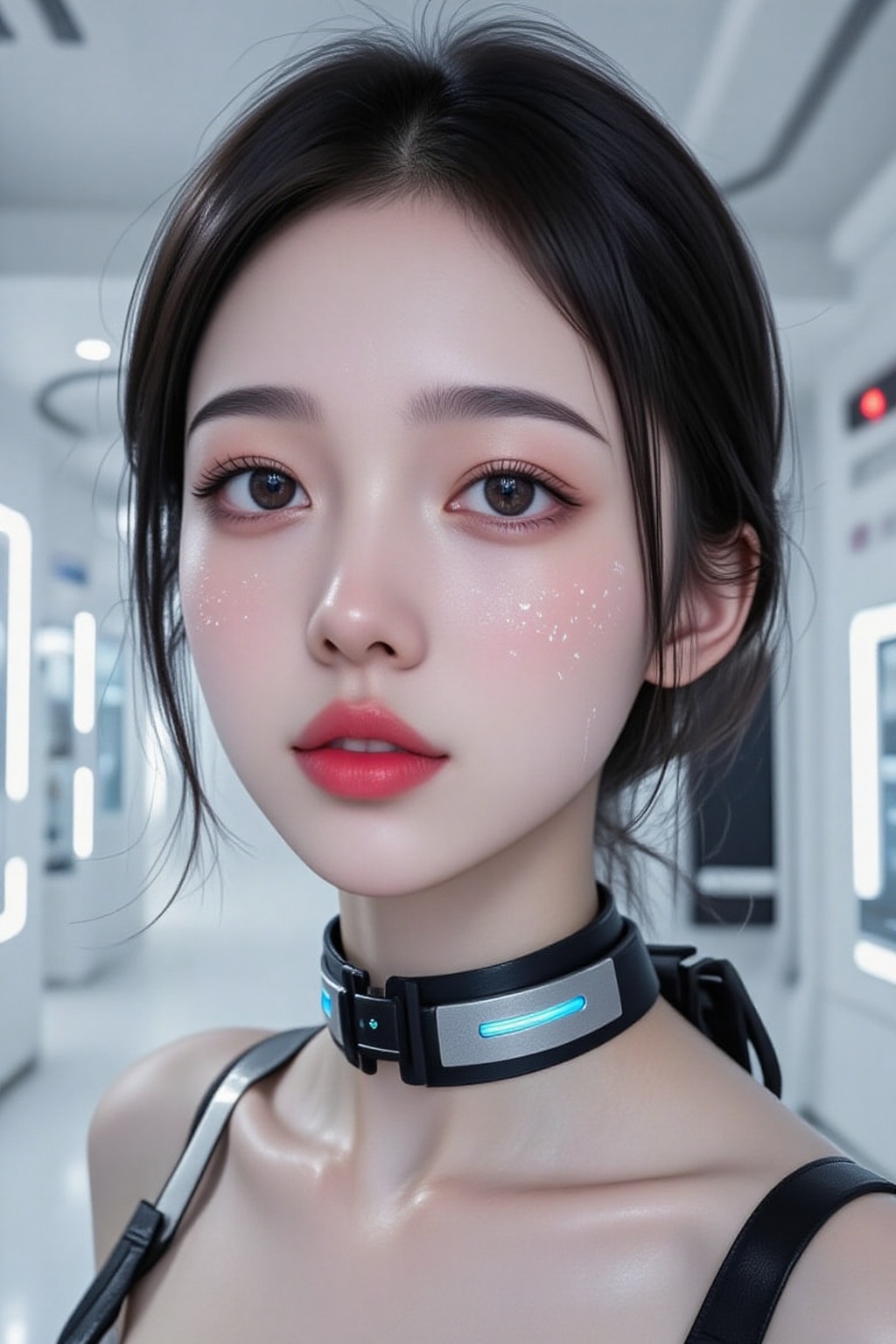A photorealistic close-up of a gorgeous woman with smooth,  dewy skin and vibrant red lips. Her eyes are highlighted by sh...