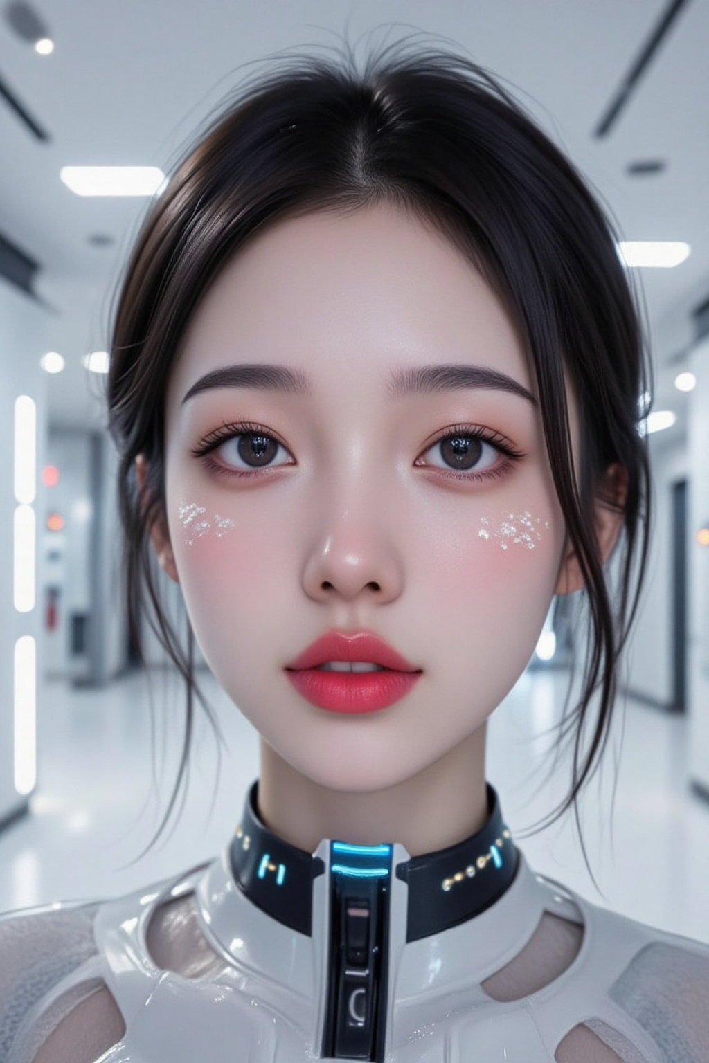 A photorealistic close-up of a gorgeous woman with smooth,  dewy skin and vibrant red lips. Her eyes are highlighted by sh...