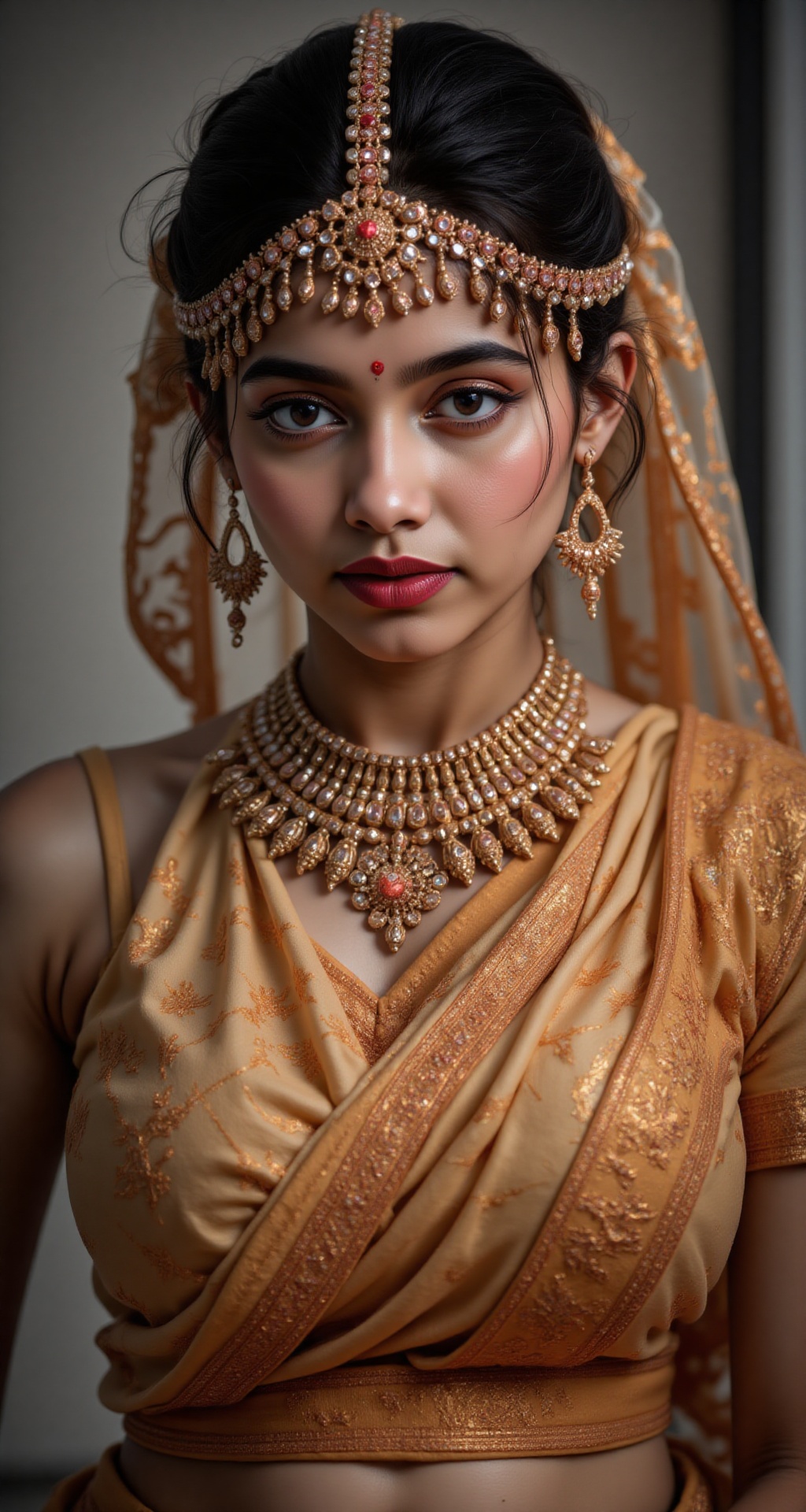 Black hair brown eyes woman,  hip golden chain,  indian traditional gold jewellery on Tensor.Art
