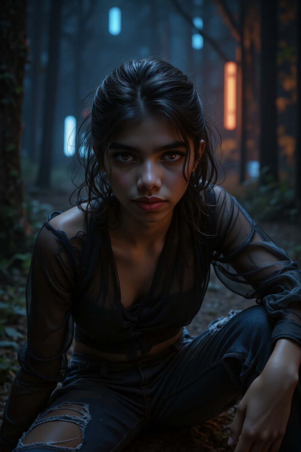 A werewolf's gaze pierces through the darkness of a forest at night. A teenage girl,  solo and fierce,  sits with a confid...