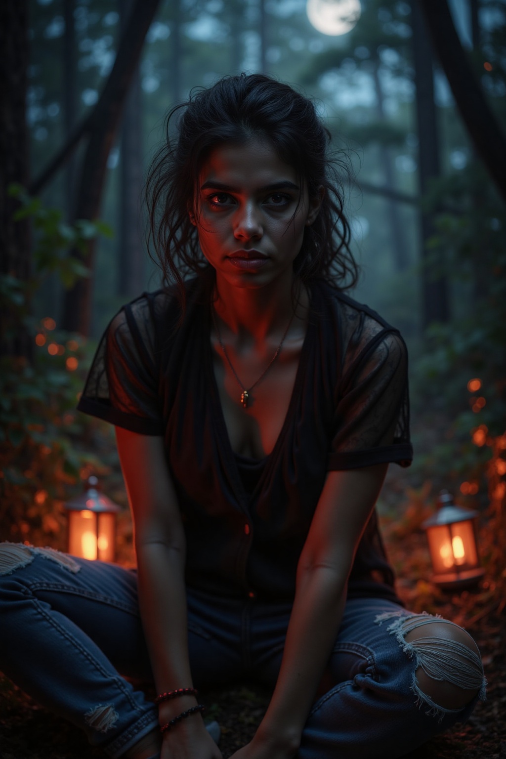 A werewolf's gaze pierces through the darkness of a forest at night. A teenage girl,  solo and fierce,  sits with a confid...