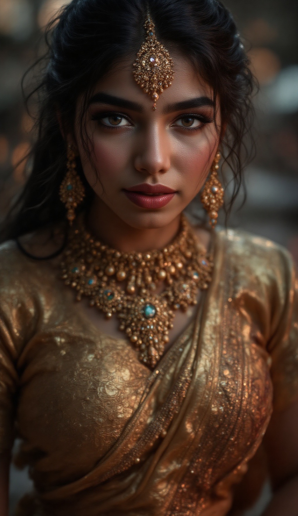 Black hair brown eyes woman,  hip golden chain,  indian traditional gold jewellery on Tensor.Art