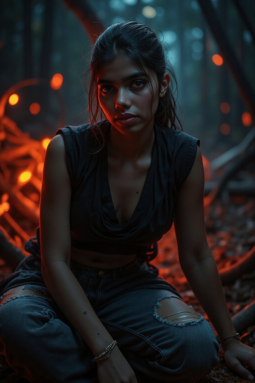 A werewolf's gaze pierces through the darkness of a forest at night. A teenage girl,  solo and fierce,  sits with a confid...