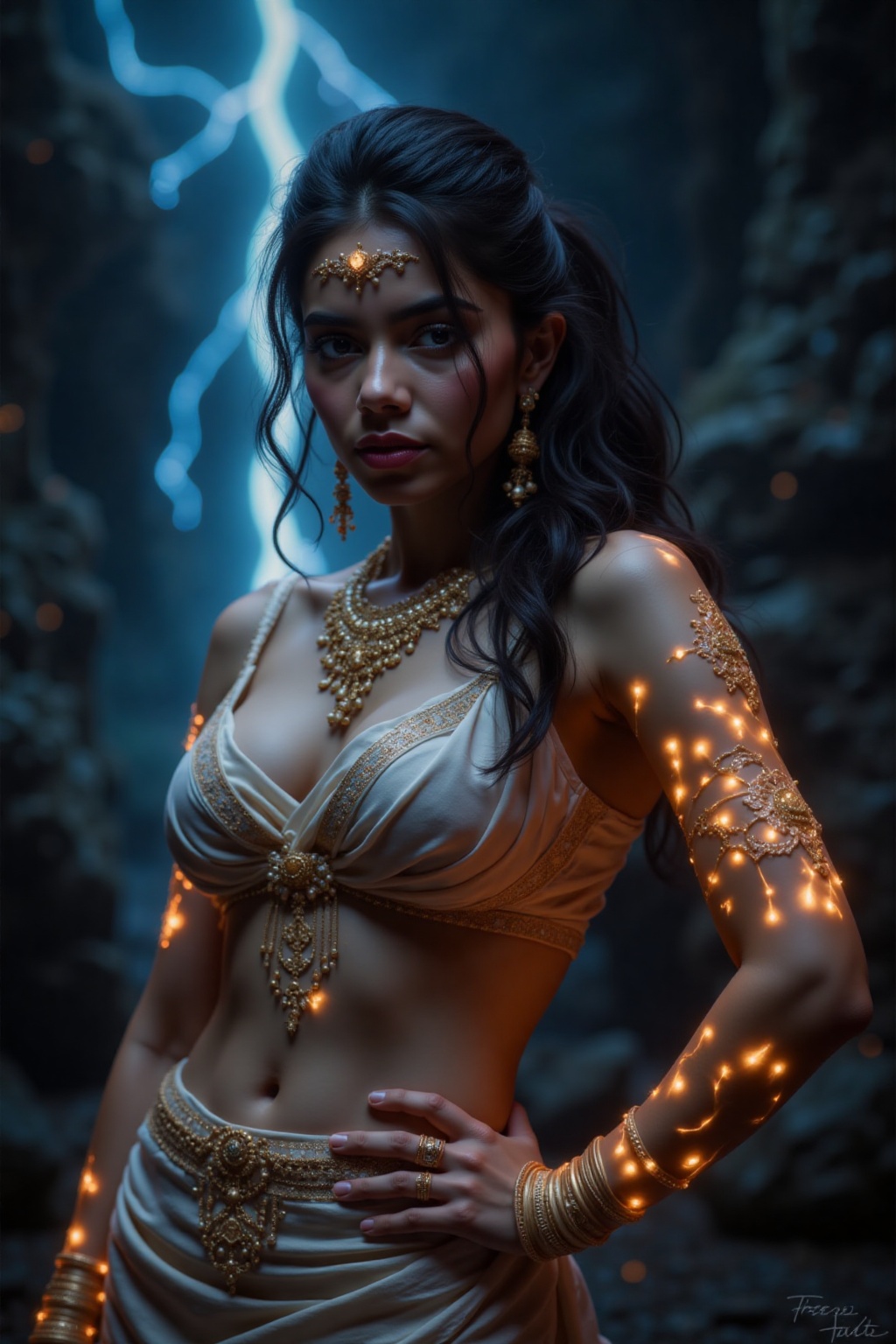 Before you stands an ethereal genie,  her form radiating with otherworldly beauty and power. Her smooth,  bronzed skin glo...