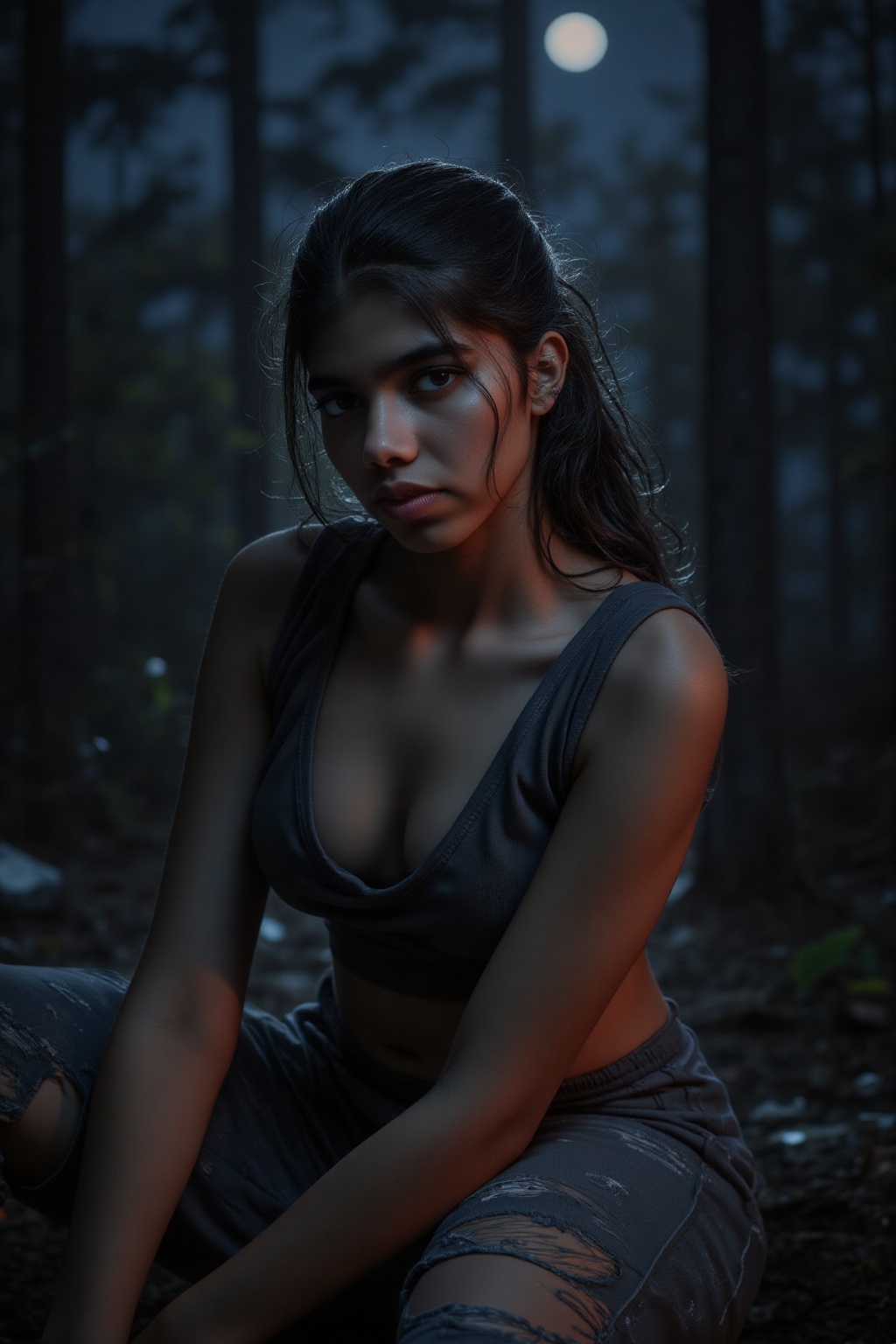 A werewolf's gaze pierces through the darkness of a forest at night. A teenage girl,  solo and fierce,  sits with a confid...