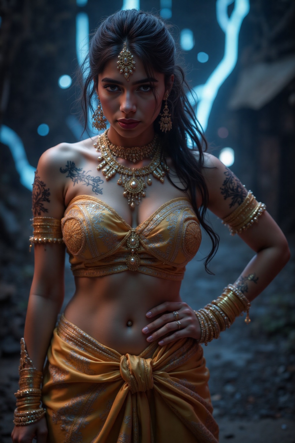 Before you stands an ethereal genie,  her form radiating with otherworldly beauty and power. Her smooth,  bronzed skin glo...