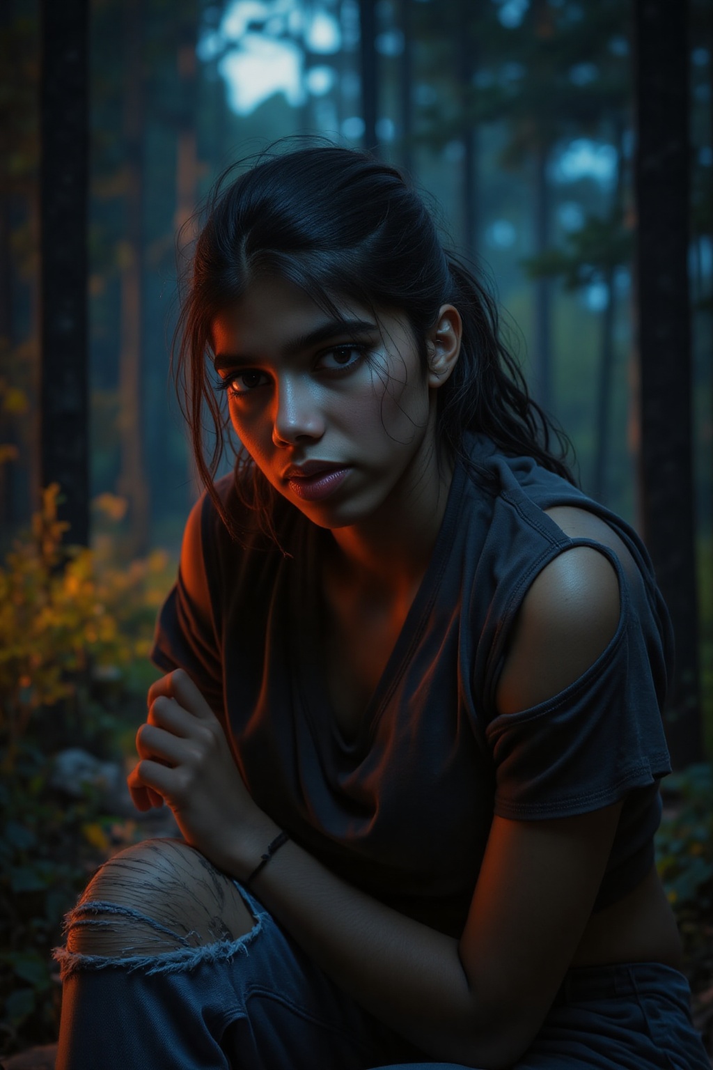 A werewolf's gaze pierces through the darkness of a forest at night. A teenage girl,  solo and fierce,  sits with a confid...