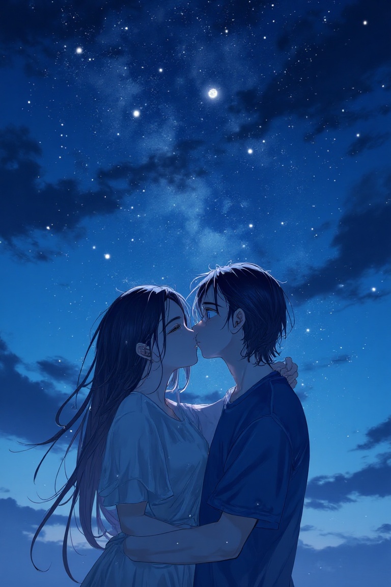 A dreamy,  starry night sky fills the canvas,  with swirling clouds of blue and grey. A tender moment unfolds as a loving...