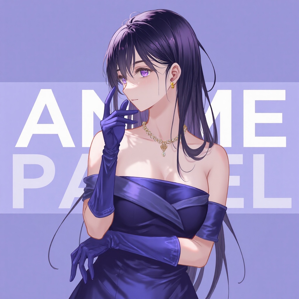 big white text on center "ANIME PASTEL" behind the subject,  there is a woman with a slender,  petite build and fair skin....