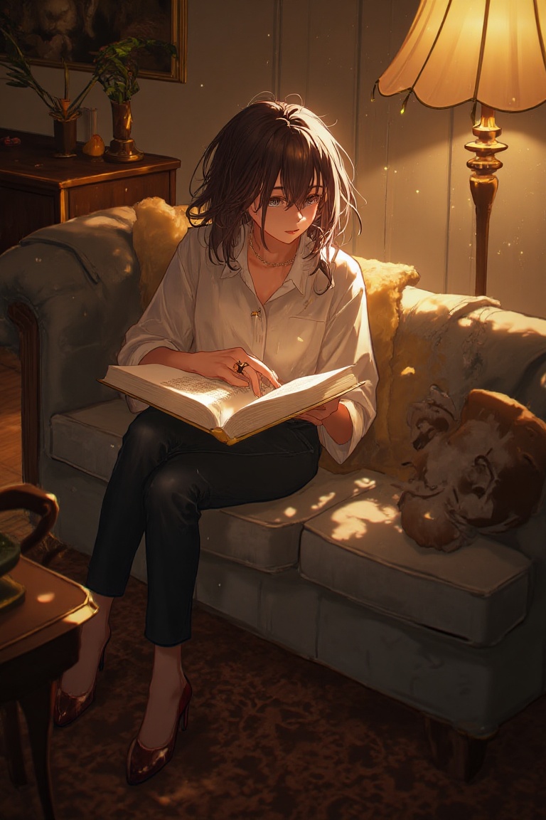 A warm,  golden light illuminates a cozy living room scene where a woman sits comfortably on a plush sofa,  surrounded by...