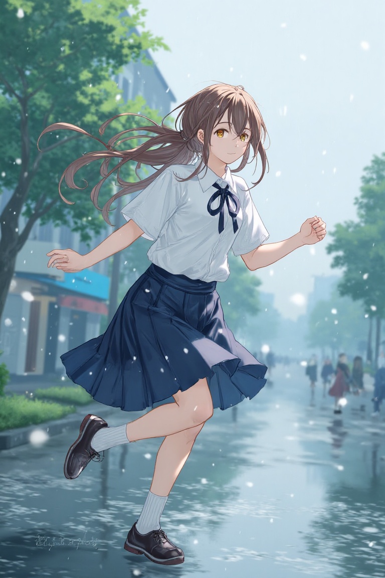 A young woman wearing a white blouse and dark pleated skirt,  typical of a school uniform,  dashes through the rain-soaked...
