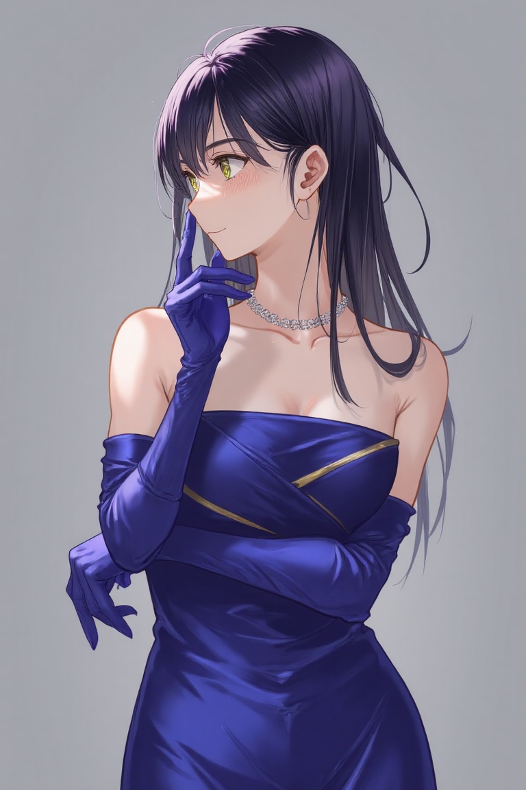 woman with a slender,  petite build and fair skin. She has long,  straight black hair with a slight wave on Tensor.Art