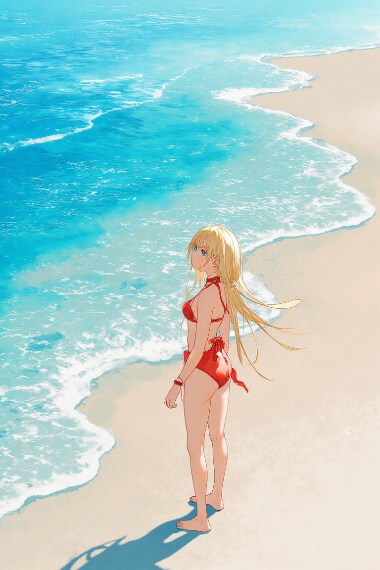 A serene beach scene unfolds,  with the vast expanse of ocean stretching out to the horizon. A woman,  radiant in her red...