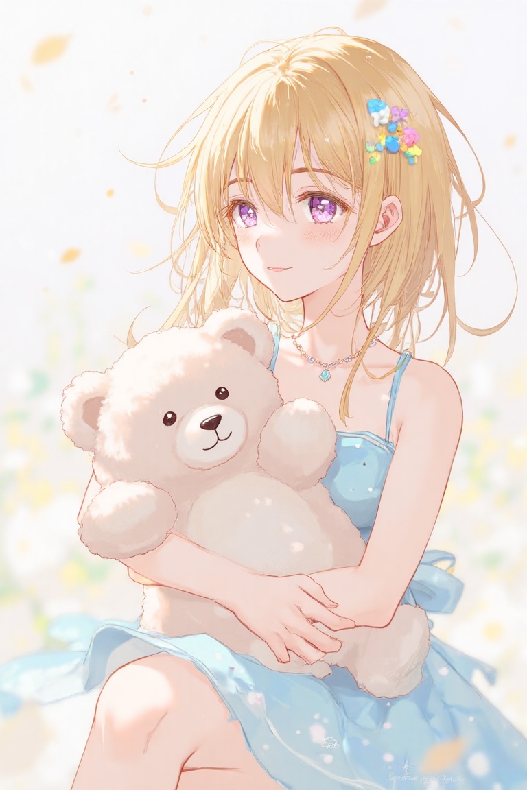 In a soft focus,  pastel-colored illustration with an anime aesthetic,  a gentle woman cradles a plush teddy bear in her a...