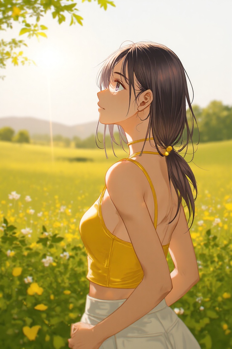 A serene landscape unfolds as a woman basks in the warm sunlight,  her bright yellow crop top radiating vibrancy against t...