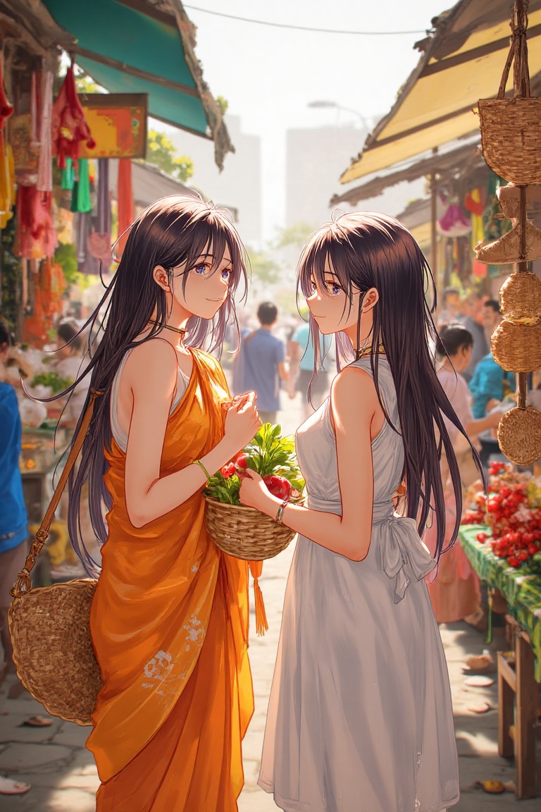 Two women,  their faces aglow with warm sunlight,  stand amidst vibrant vendor stalls and colorful fabrics. One woman on T...