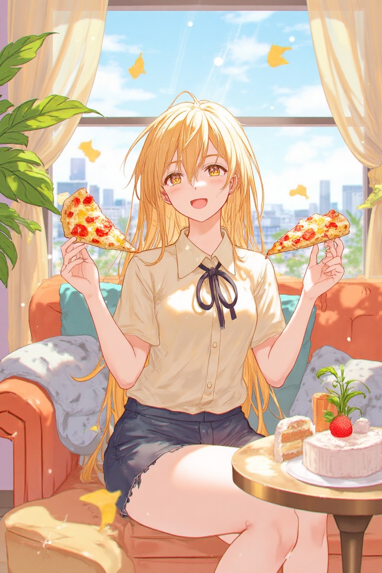 Anime illustration of a cheerful young woman sitting on a colorful couch,  surrounded by pillows and a cityscape outside t...
