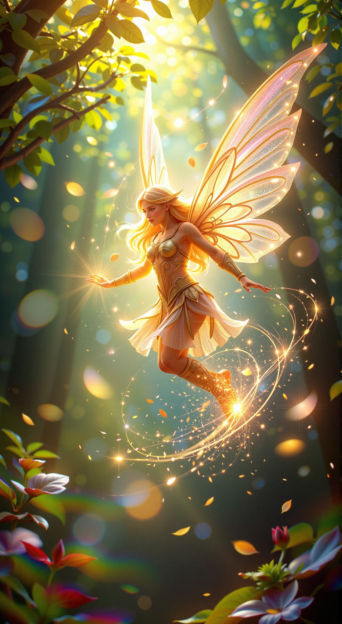 A warrior fairy,  radiant with an ethereal glow,  soars majestically through the enchanted forest's lush canopy. Sunlight...