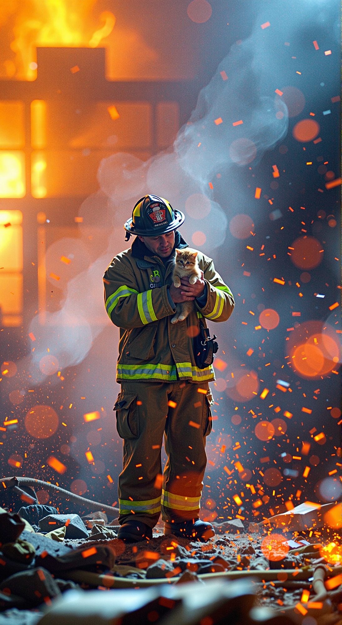 Softly lit heroism: A fireman's figure emerges from the warm glow of orange and yellow flames,  as he gently cradles a tin...