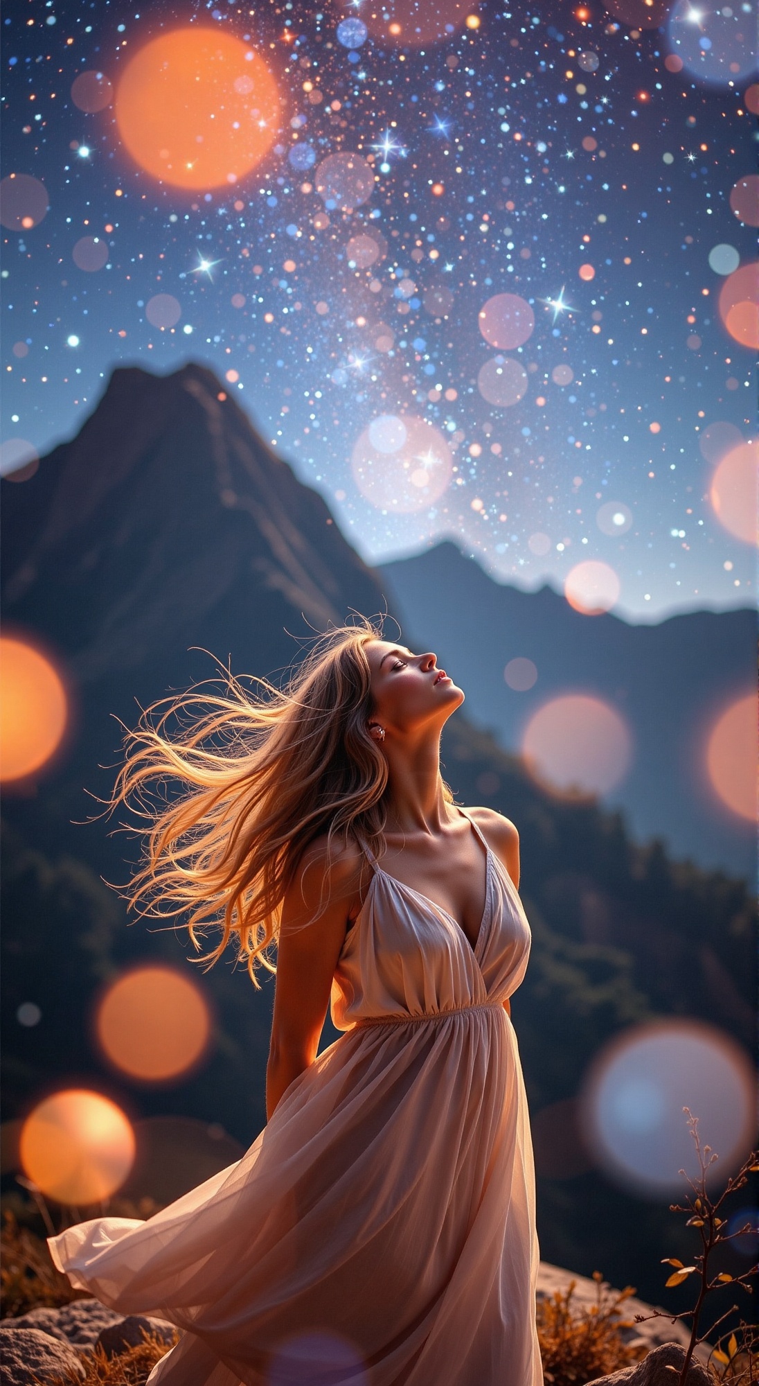 Woman's ethereal features softly focused,  her flowing hair and dress wafting in the gentle breeze. Perched atop a majesti...