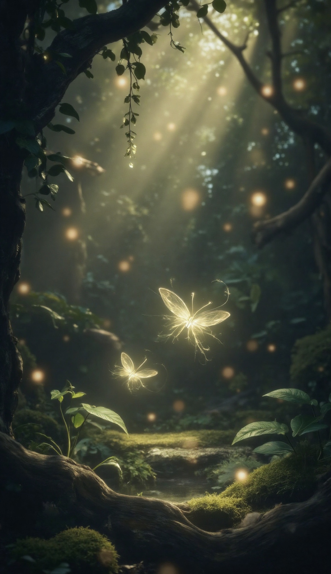 Capture a whimsical moment: a delicate,  glowing butterfly suspended in mid-air,  its translucent wings softly focused aga...