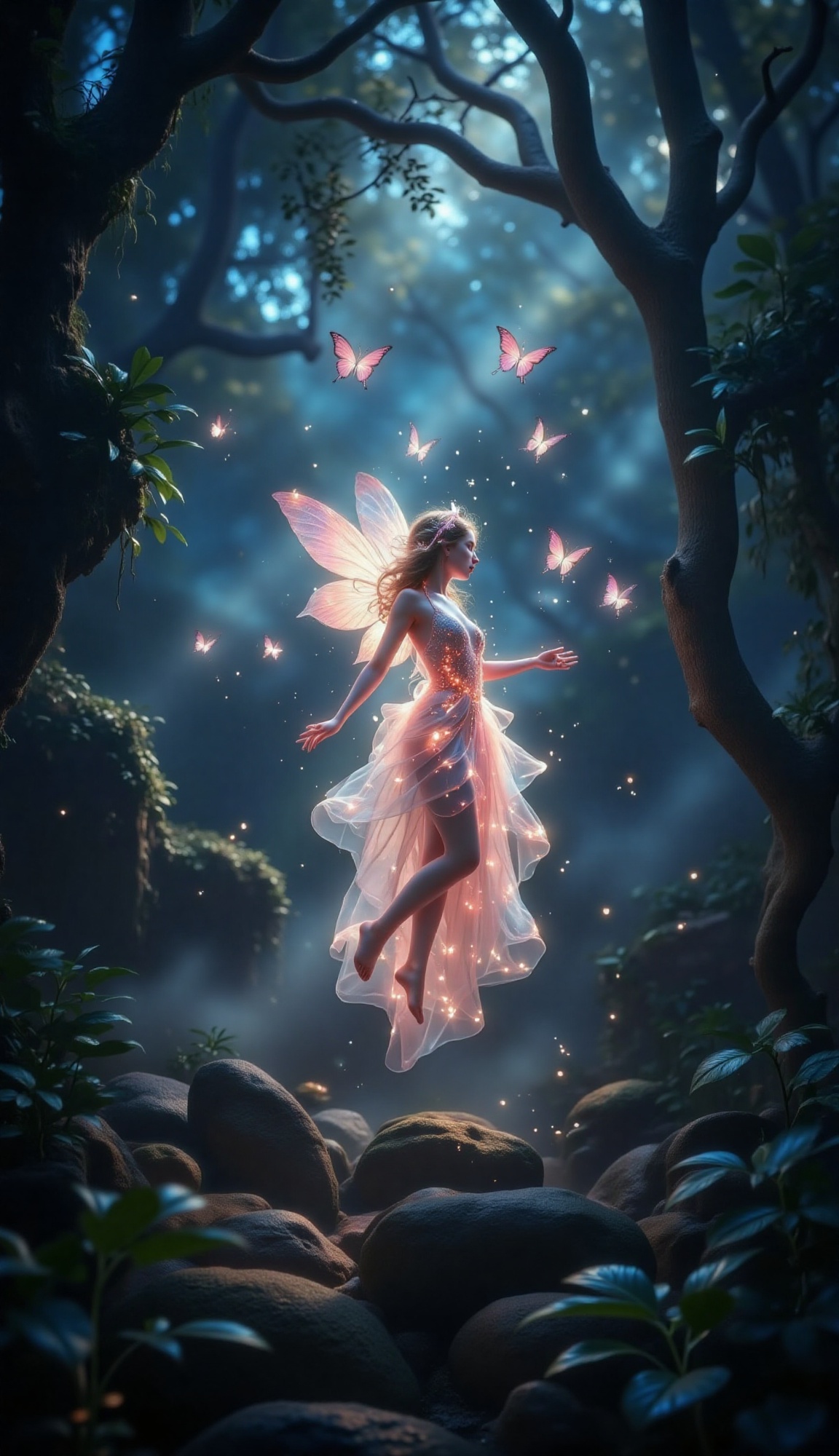 Capture a whimsical moment: a delicate,  glowing butterfly suspended in mid-air,  its translucent wings softly focused aga...