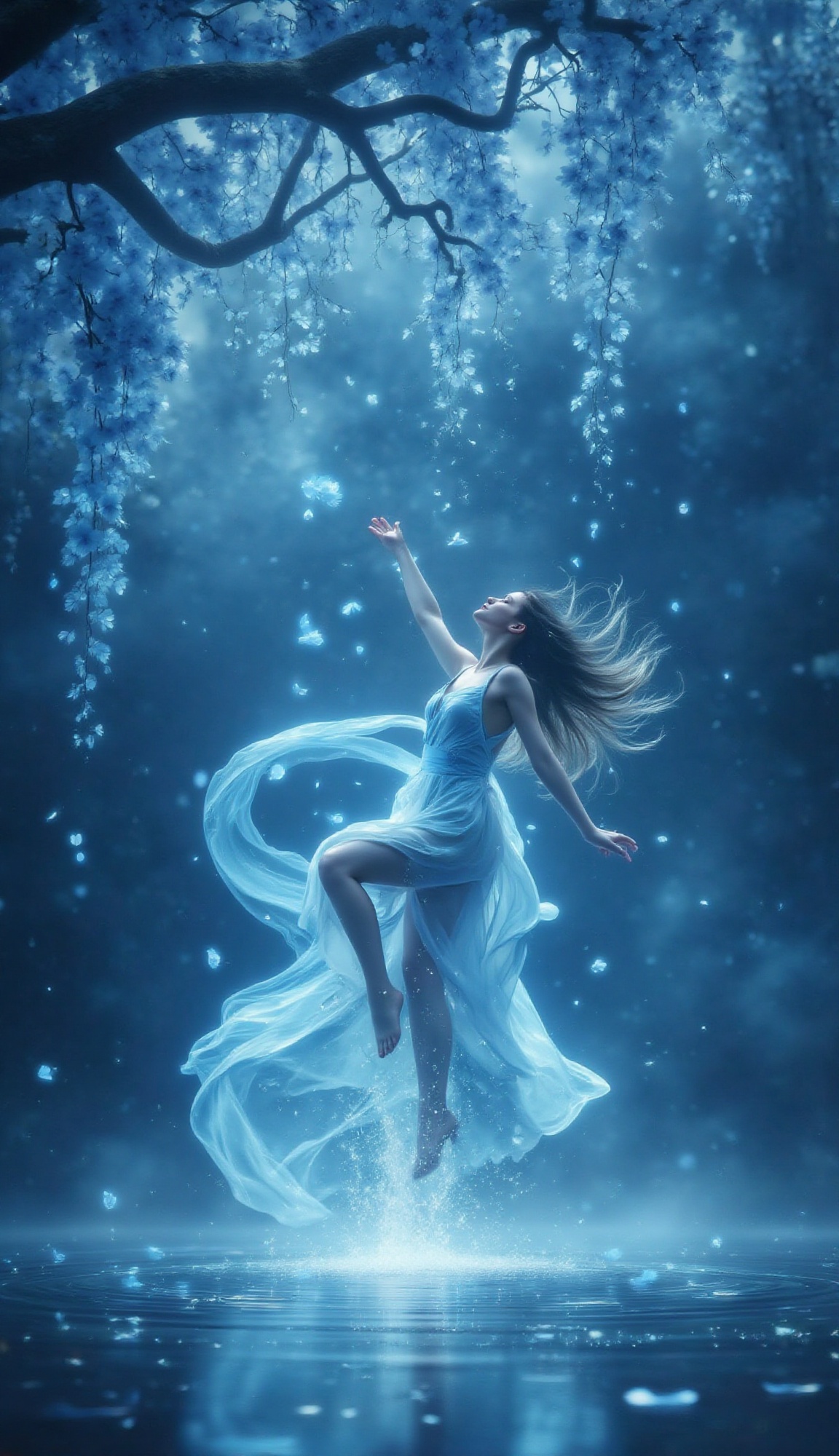 A woman's form is suspended mid-air above a serene lake,  her body twisting in a fluid motion as water splashes upwards to...