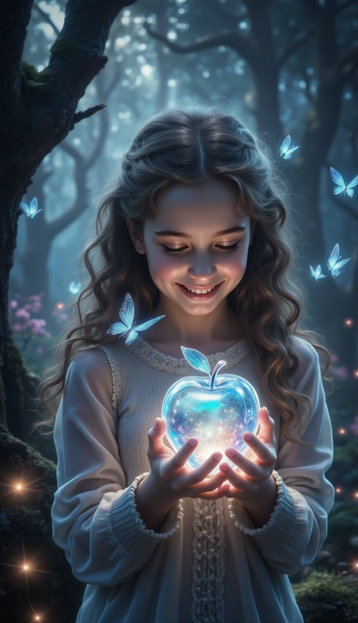 A young woman with curly brown hair grasps a luminous hologram apple,  its soft glow illuminating her delighted face. In t...