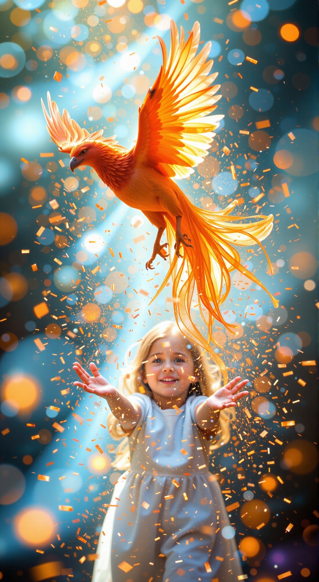A whimsical snapshot captures a majestic phoenix in mid-flight,  its soft-focused plumage aglow with fiery embers as it so...