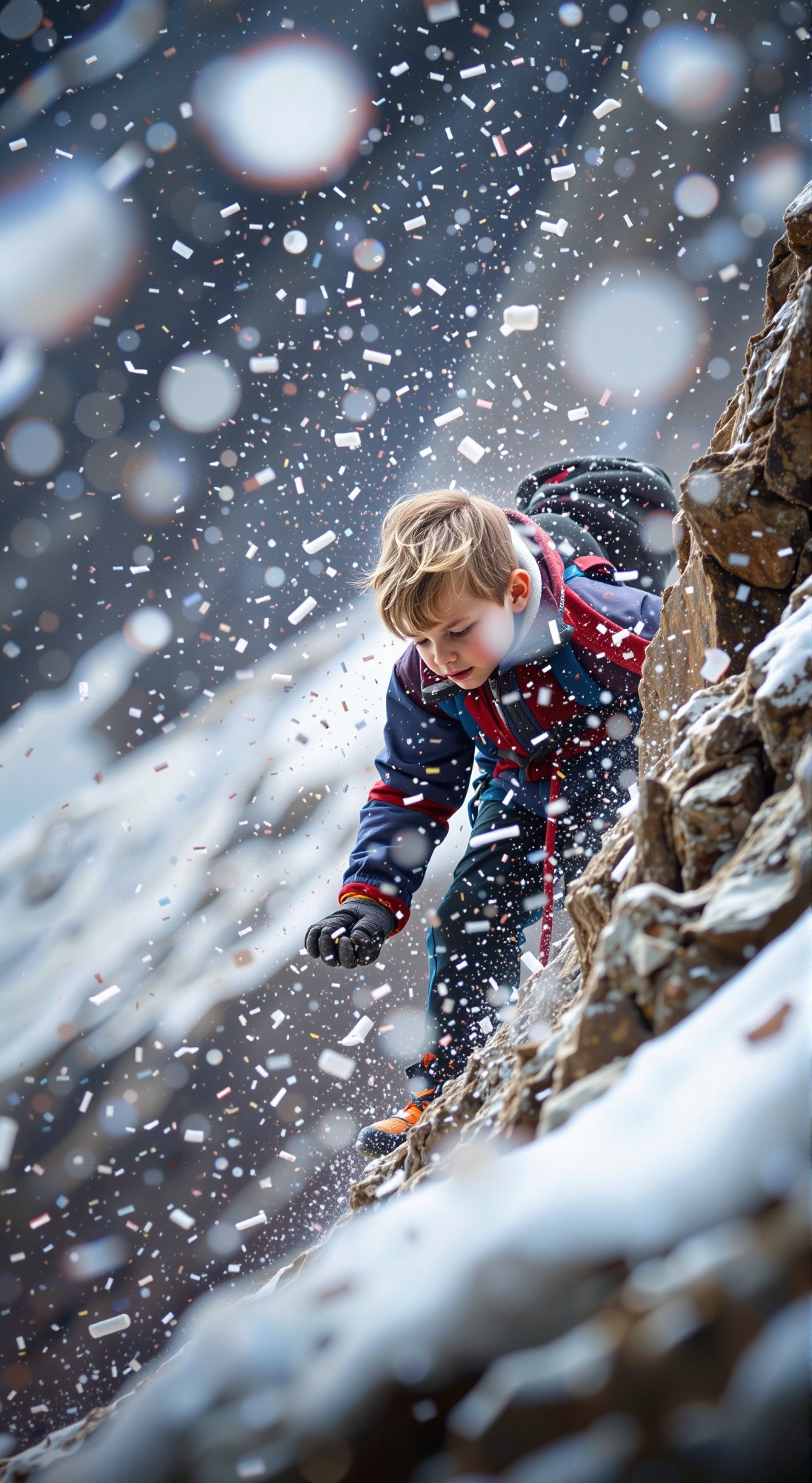 A boy's determination shines through in this poignant scene: a soft-focus portrait of a young climber navigating the rugge...