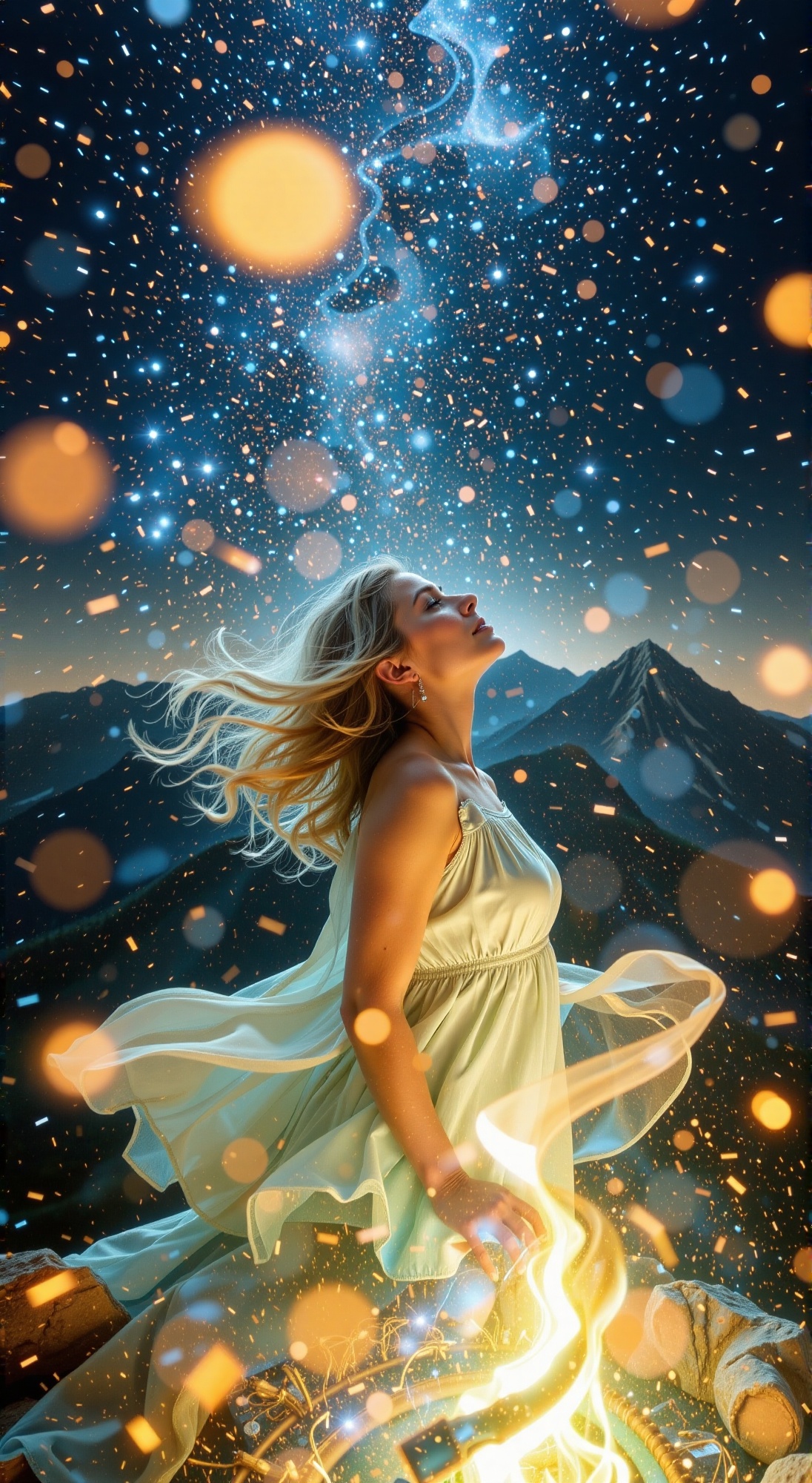 Woman's ethereal features softly focused,  her flowing hair and dress wafting in the gentle breeze. Perched atop a majesti...