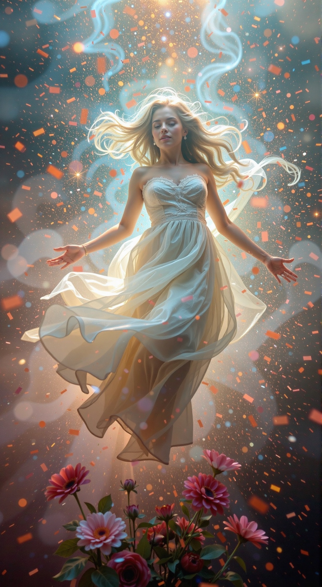 Woman's ethereal form suspended in mid-air,  her flowing locks and gown a soft blur as light particles and sparks dance ar...