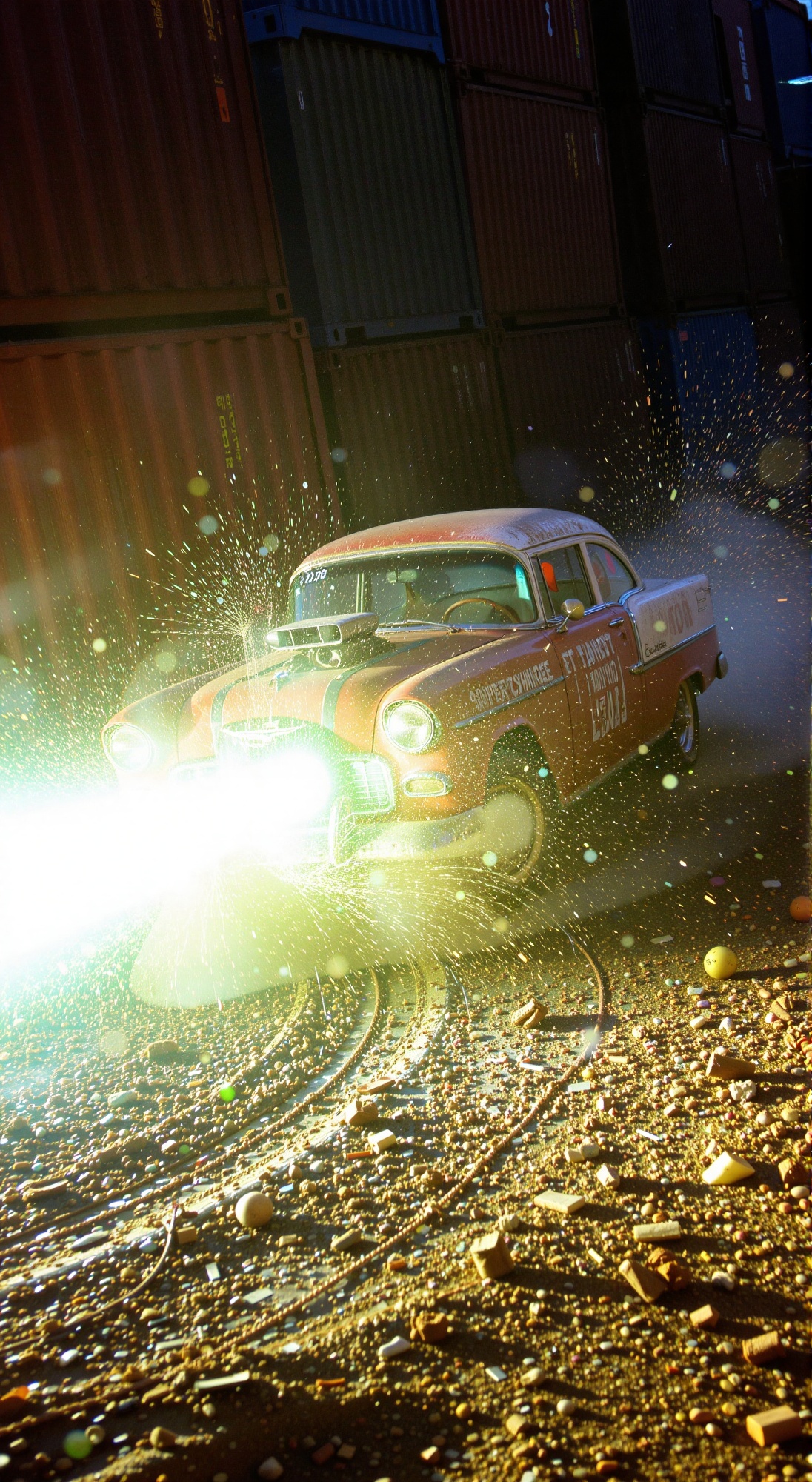 A gritty scene unfolds in sunny day: red 1955 Supercharged Chevy Bel Air lit by a flashlight. with reflective dirty windsh...