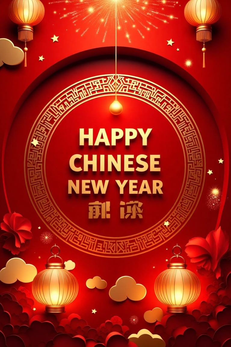 A celestial design celebrating Chinese New Year,  dominated by the great color of red,  symbolizing luck and prosperity. T...