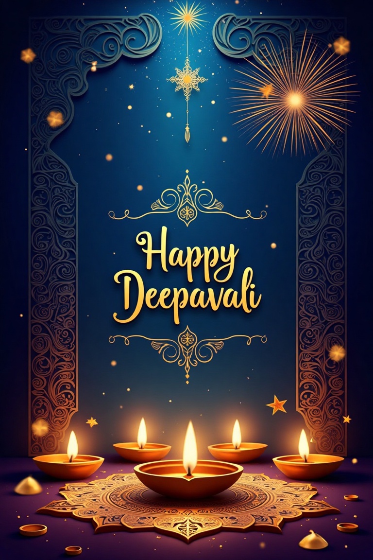 A celestial design celebrating Deepavali,  featuring a vibrant and festive composition. The background is a rich,  deep bl...