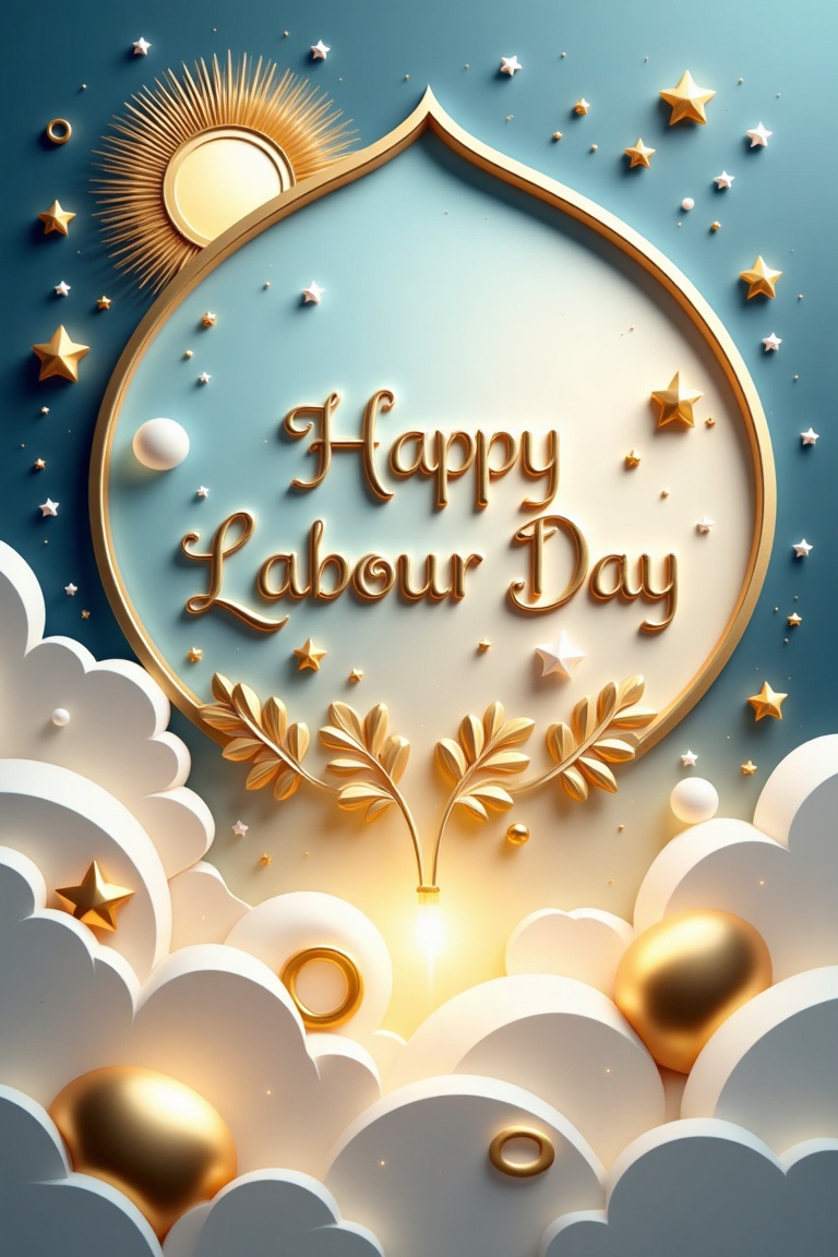 A celestial design celebrating Labour Day,  featuring a serene and uplifting composition. The background is a soft gradien...