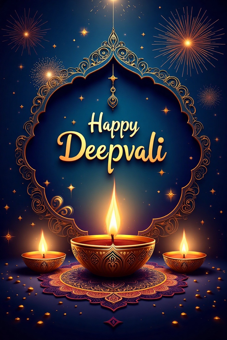 A celestial design celebrating Deepavali,  featuring a vibrant and festive composition. The background is a rich,  deep bl...