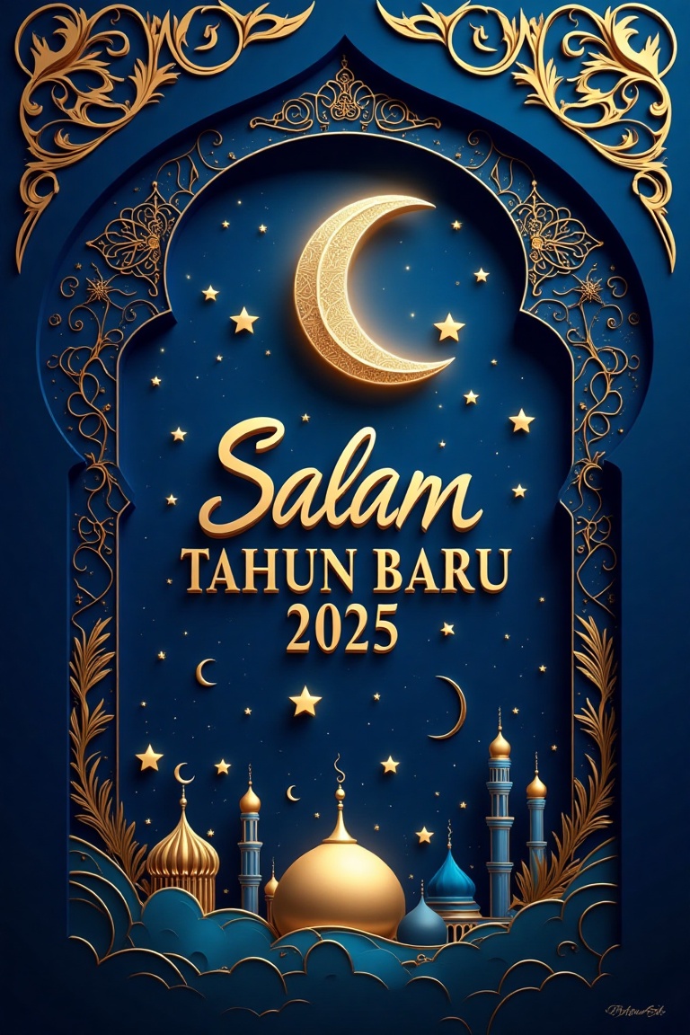 A breathtaking wishing card with a blue and gold celestial theme,  featuring a serene night sky adorned with shimmering st...