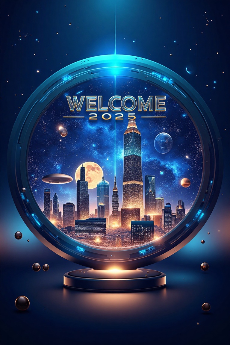 A celestial design welcoming 2025,  set in a futuristic world with a sleek and innovative aesthetic. The background is a d...
