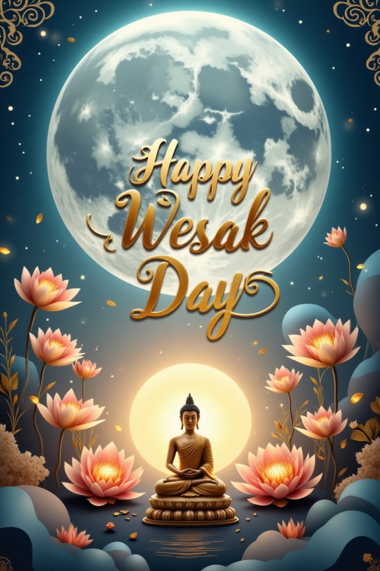 A celestial design celebrating Wesak Day,  featuring a serene and spiritual composition. The background is a soft gradient...