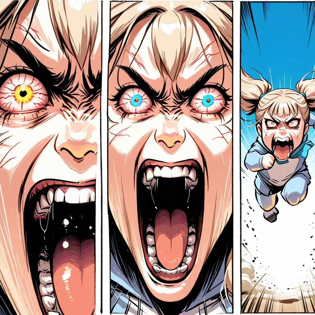 bokkemon,  3 evenly width panels,  intense expressions of bloodshot eyes on Tensor.Art