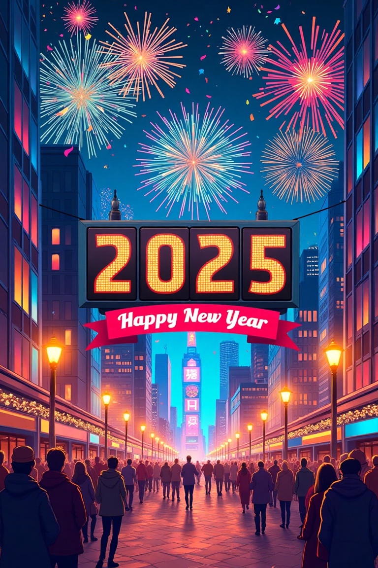 Festival Wishing Card Illustration,  featuring a vibrant countdown to the Happy New Year of 2025. A bustling cityscape at...