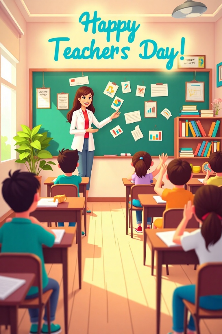Festival Wishing Card Illustration,  featuring the text Happy Teachers Day in cheerful,  bold fonts. A warm and inviting c...