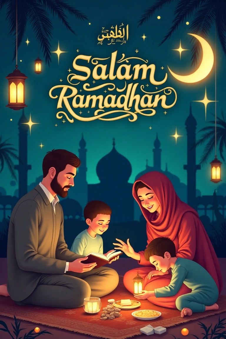 Festival Wishing Card Illustration,  featuring the text Salam Ramadhan in elegant,  ornate Arabic calligraphy. A Muslim fa...