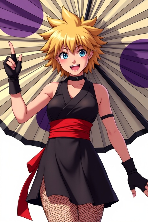 Create a full-length photorealistic japan female,  TEMARI,  dressed in a stylish Japan-inspired costume. She has spiky blo...