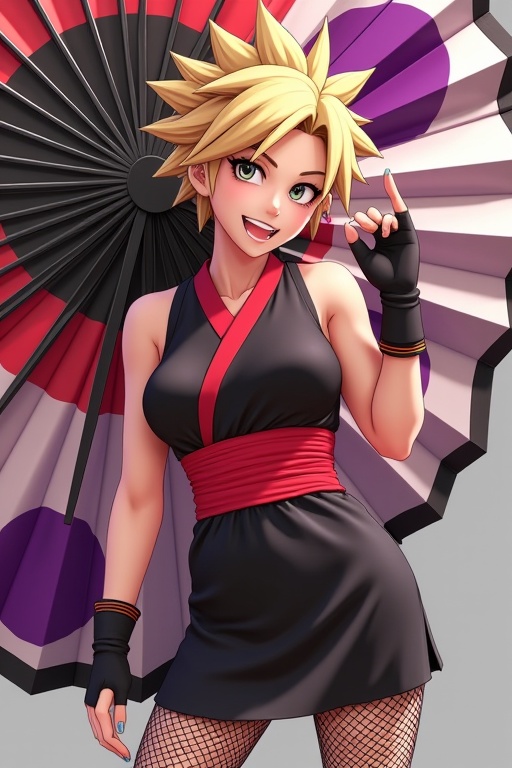 photorealistic japan female,  TEMARI,  dressed in a stylish Japan-inspired costume. She has spiky blonde hair styled in an...